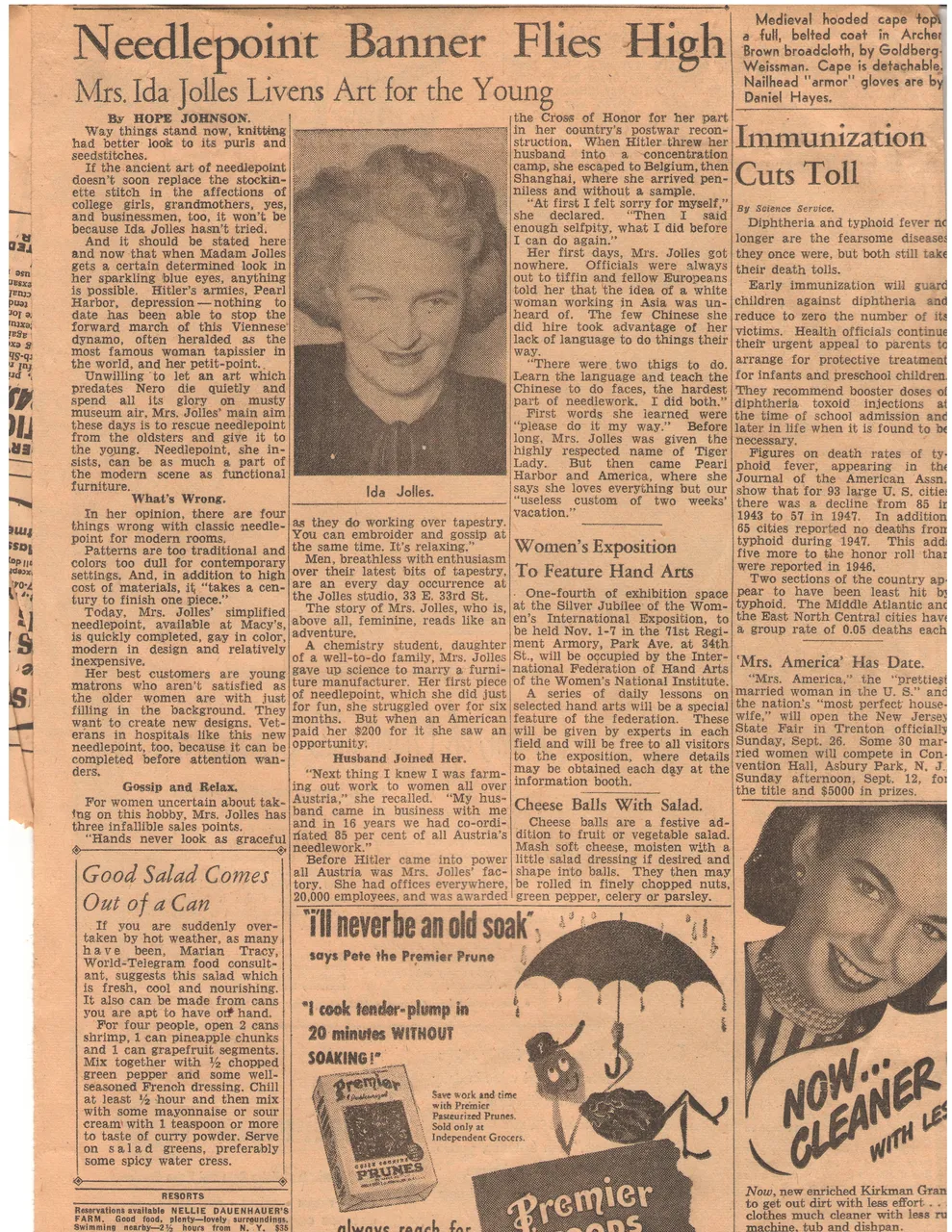 Full page of the New York World-Telegram, about 7 September 1948, feature on Ida Jolles.